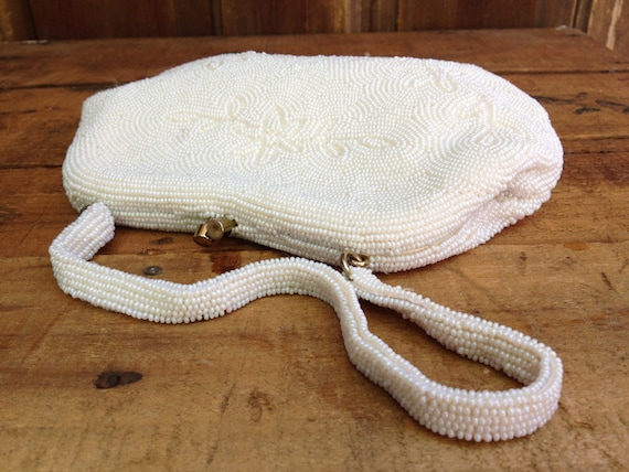 White Beaded Purse, Silk Satin Micro Beaded Handba
