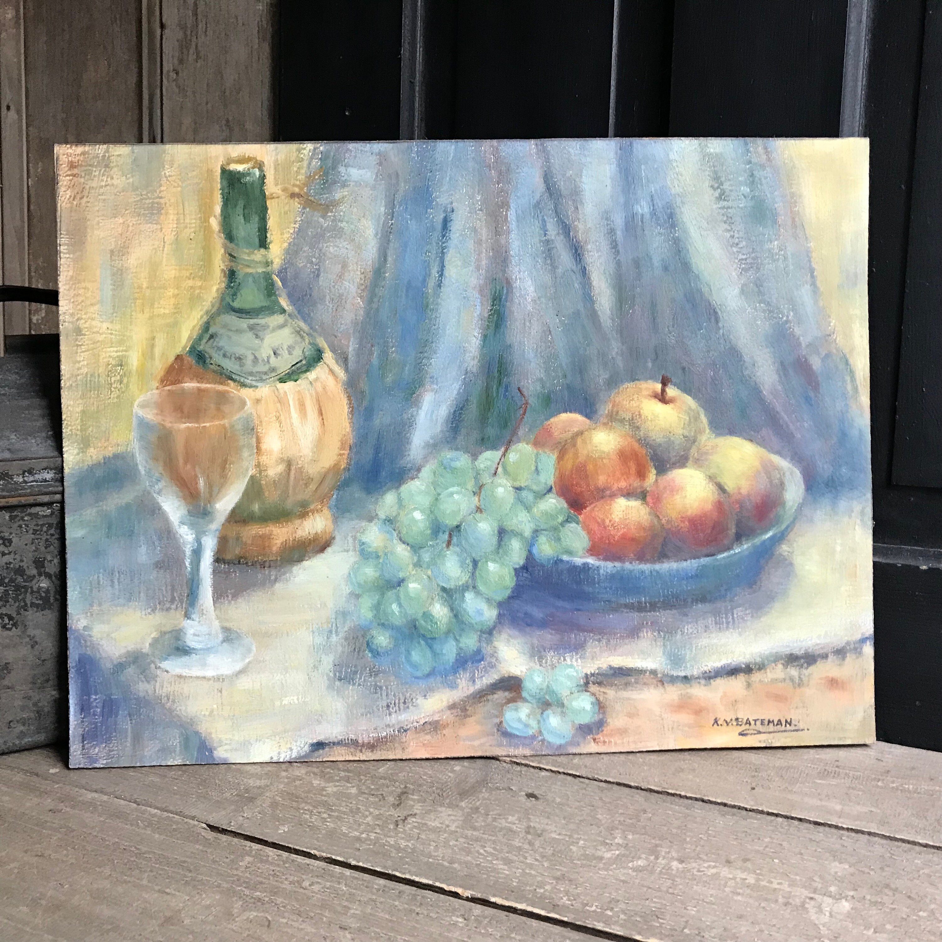 油絵、印象派風の静物画、ブドウ、果物、ワイン、カラフル、署名入り