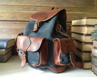 Rustic Leather Backpack Rucksack, Brown and Charcoal Gray Suede  Medium