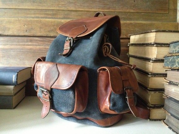 Rustic Leather Backpack Rucksack, Brown and Charc… - image 1
