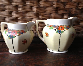 1930s Art Deco Vases, English Barker Bros Pottery Jugs, Backstamped, Colorful Floral Design, Pair Set of 2