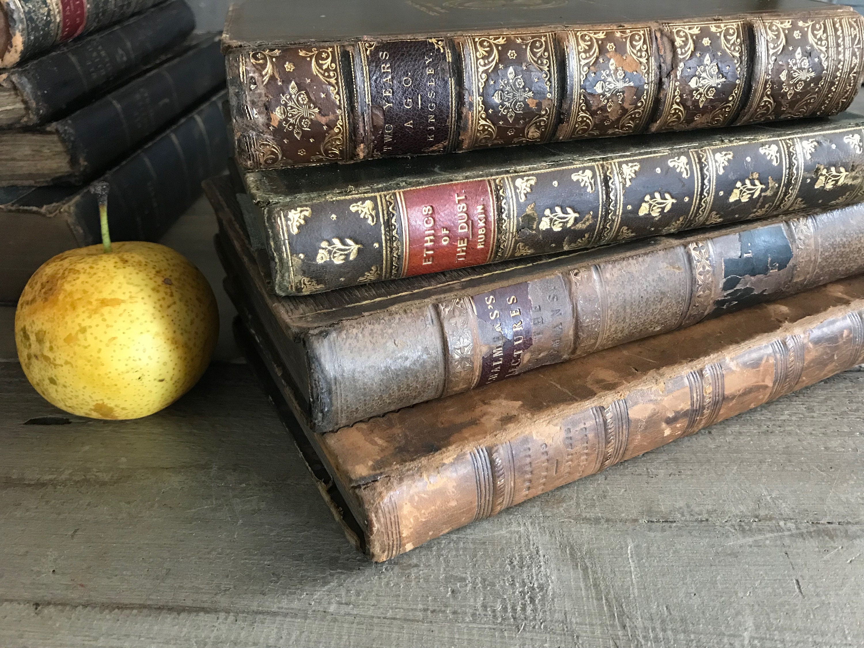 1 19Th C Leather Bound Book, Edinburgh, London, Glasgow, Gilt Lettering, Raised Spine, Staging, Stacking Display, Home Decor, Sold By Each