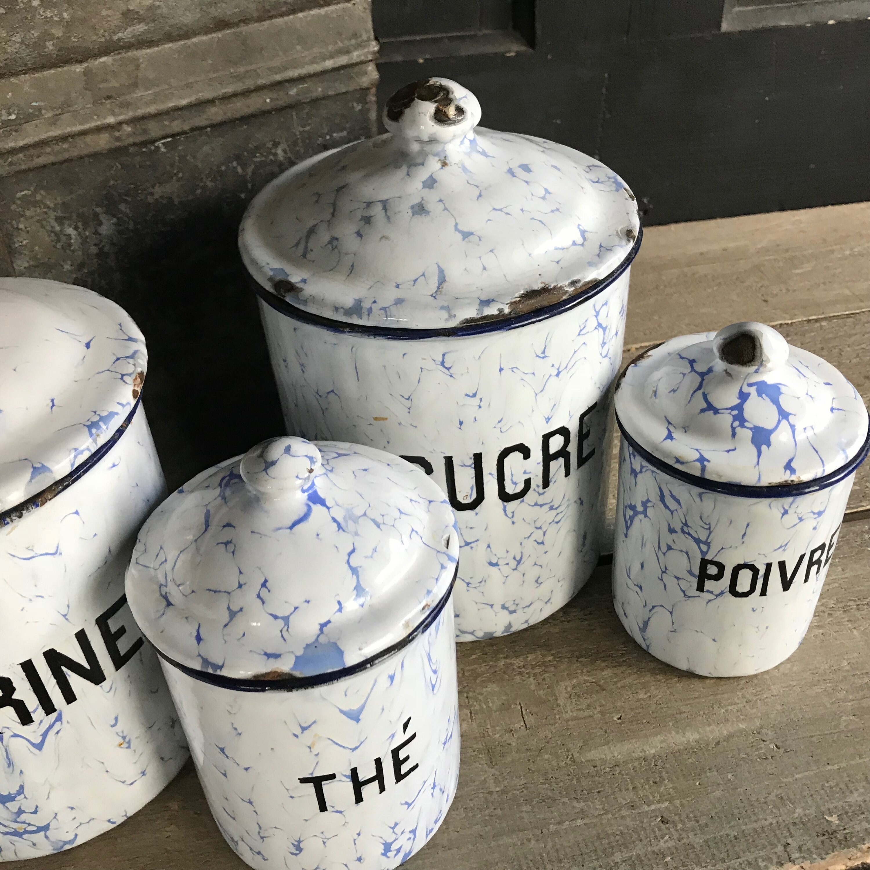 French Enamel Canister Set of 6, Pale Blue Marbled Enamelware