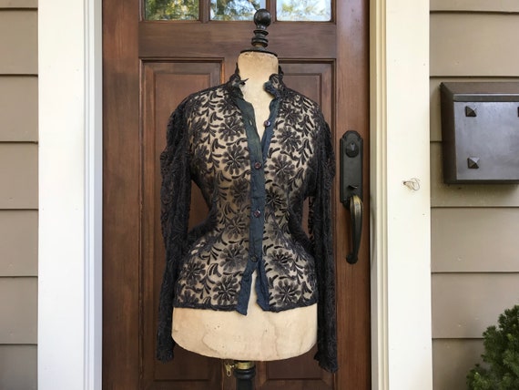 Black Lace Blouse, Long Sleeve, Button Down, Sheer