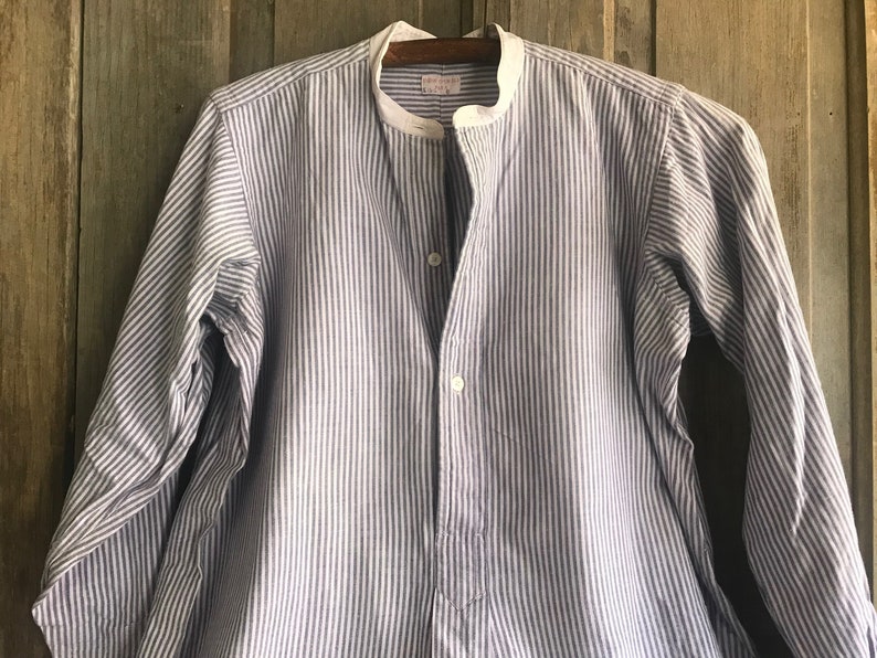 French Edwardian Chemise, Mens Dress Shirt, French Cuff, Indigo Stripe Cotton, 100k Chemises Original Paris Label image 2