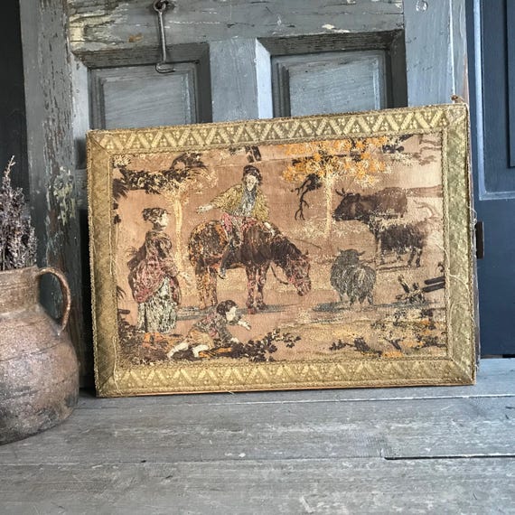 フランス製の額入り壁掛けタペストリー、1830年代のアンティーク刺繍 