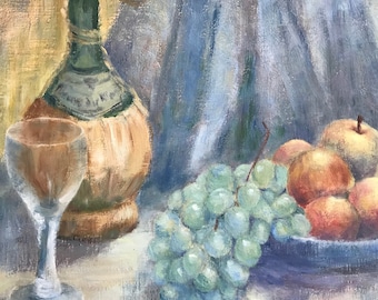 ヴィンテージのフランス印象派の静物油絵、水差しに入ったパンと果物の