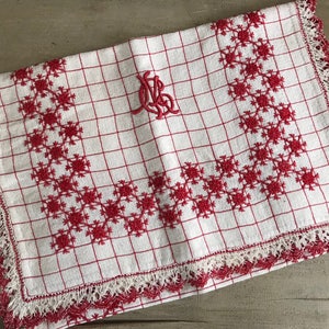 French Red Stripe Table Runner, Hand Embroidered Design, Monogram, Lace Trim