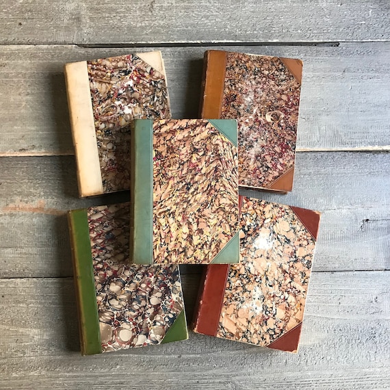 Antiquarian Leather Book Set of 5, British Authors, Marbled Book Cover Design, Antique Book Collection