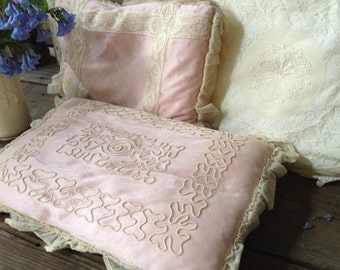 1 Normandy Pink Lace Pillow, French Lace Pink Silk, Wedding Ring Bearer Handmade Boudoir Pillow Romantic Floral Design ca. 1930s 40s