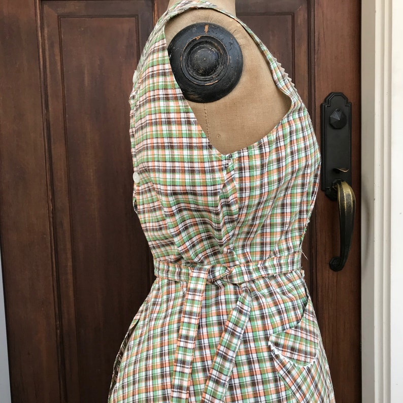 1940s Cotton House Apron, Printed Plaid, Retro Mid Century Kitchen Decor image 9