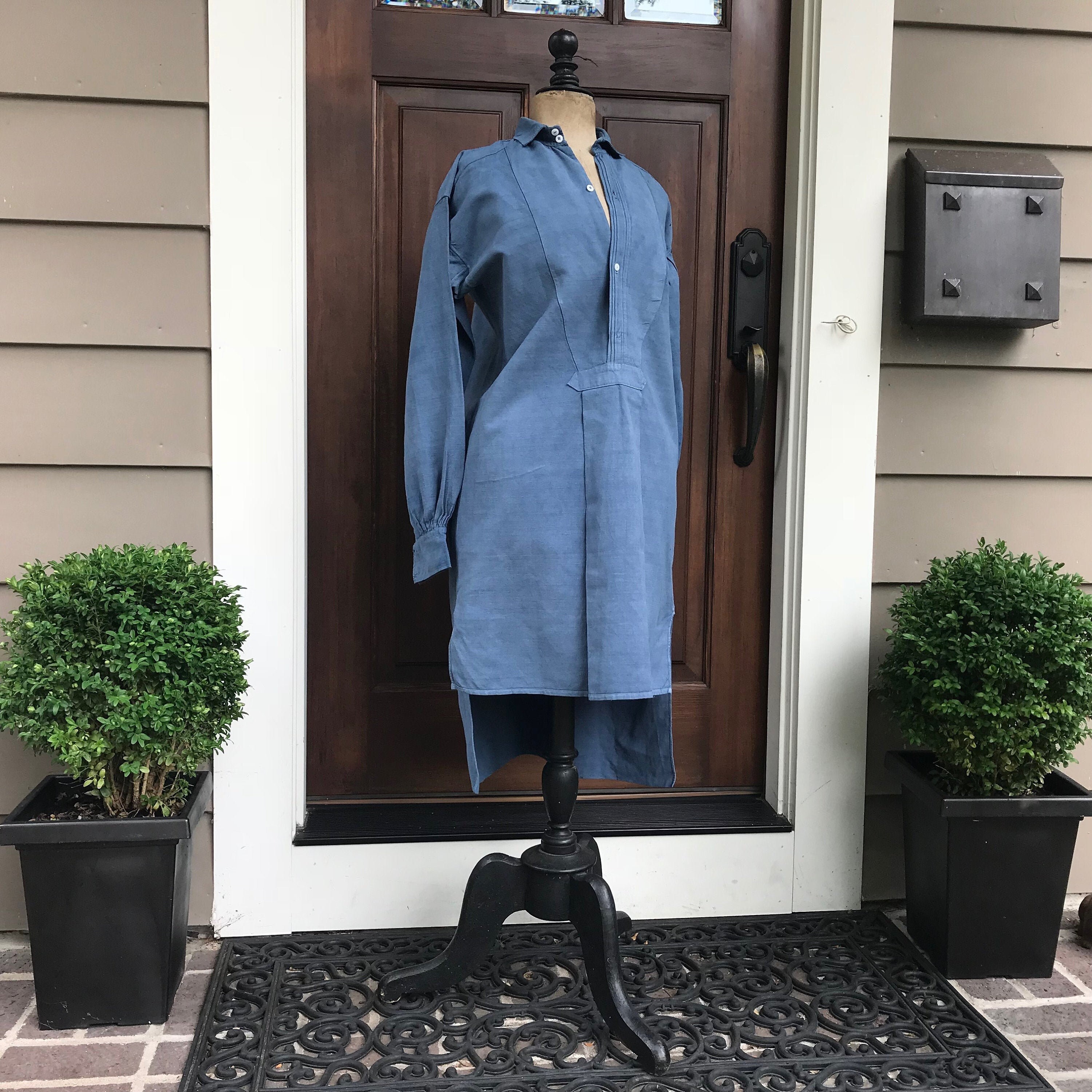 French Indigo Linen Chemise, Workwear Shirt, Artist Smock