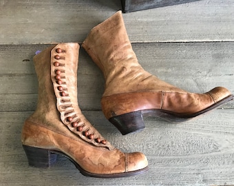 Antique Button Ankle Boots, Tan Leather, Victorian Era