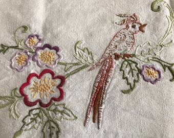 French Linen Shelf Edging, Runner, Embroidered Parrot Birds, Floral, Heirloom Table Linens