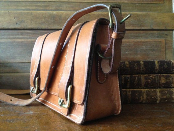 Belted Brown Leather Purse, Handbag Mini Briefcas… - image 2