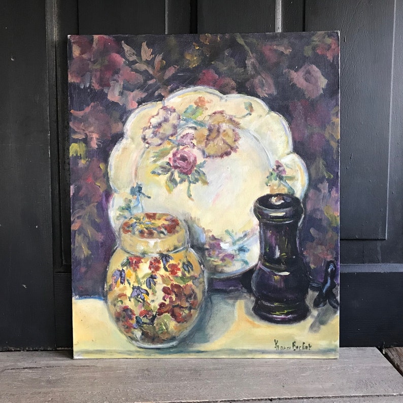 French Oil Painting, Floral Chinoiserie Faïence Still Life, Unframed, Oil on Board, Signed image 1