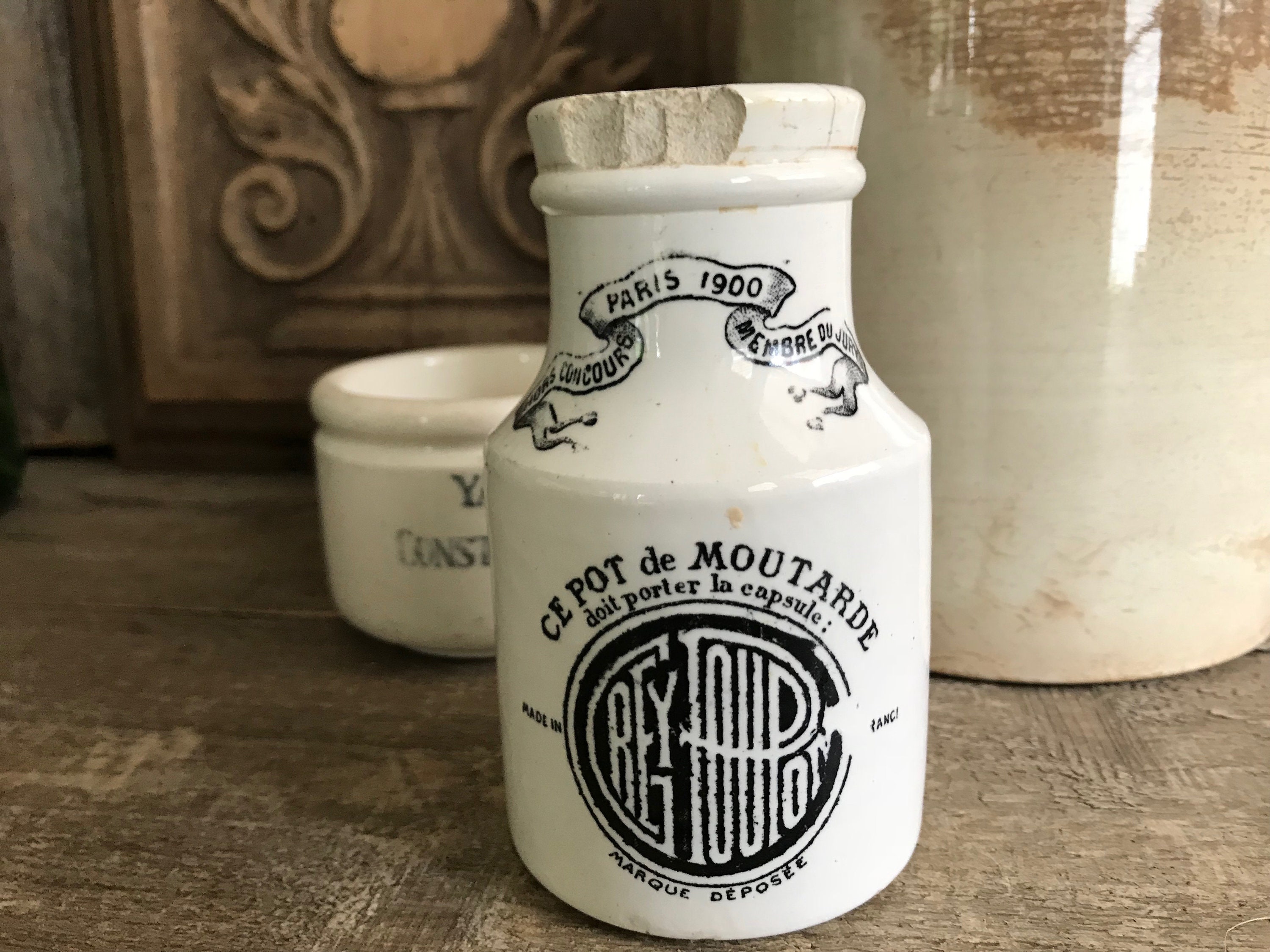 French Stoneware Mustard Jar, Dijon Grey Poupon Jar, Paris 1900