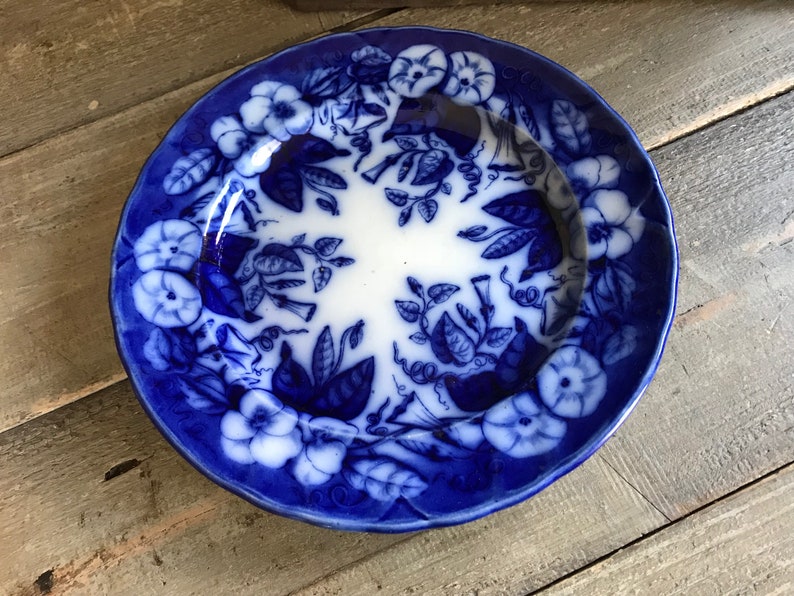 19th C Faïence de Bordeaux, Blue Floral Plate, David Johnston Earthenware, French Farmhouse image 2