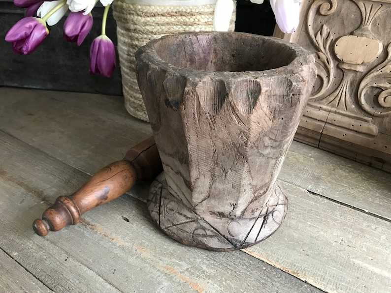 Ancient French Mortar Bowl, Folk Art, Handmade Primitive Rustic Bowl, Rustic Farmhouse, Farm Table, Cuisine image 1