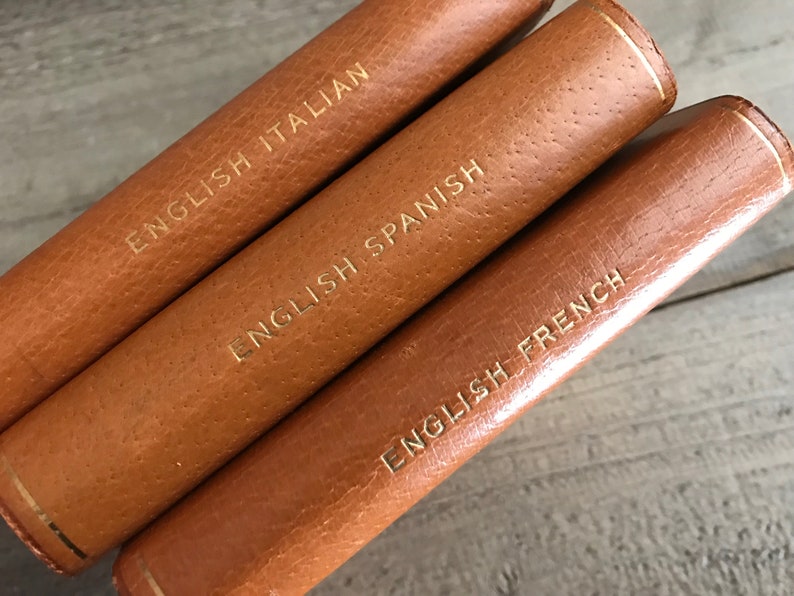 May include: Three leather-bound books with gold lettering. The titles are "English Italian", "English Spanish", and "English French".