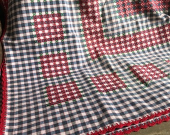 Antique Vintage French Red Checked Kelsch.Chanvre /Lin 165 cm / 143 cm