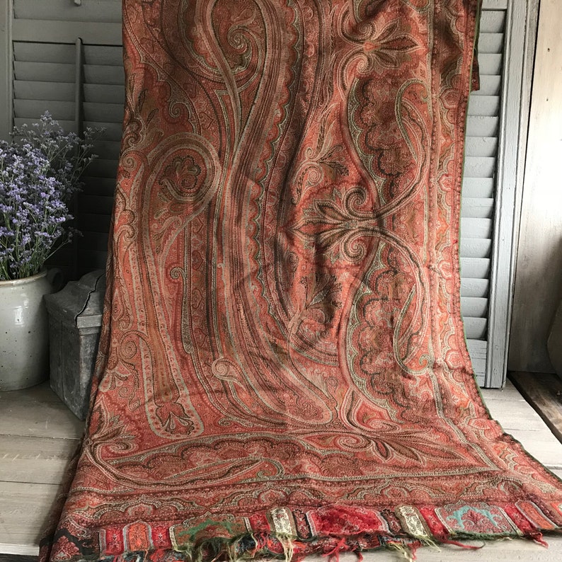 Paisley Wool Scarf Shawl, 19th Century, Blanket Scarf, Paisley Wrap, Knit Scarf, Throw Classic Traditional Design Finely Woven Antique, KH image 4