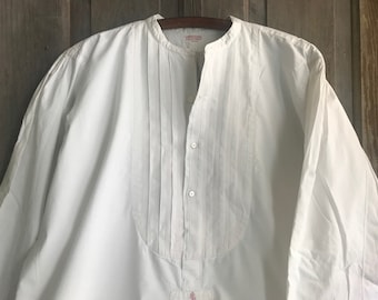 French Mens Gents Dress Shirt, White Cotton, Monogram, Original Lyon Shirtmaker Label, Edwardian, Period Clothing