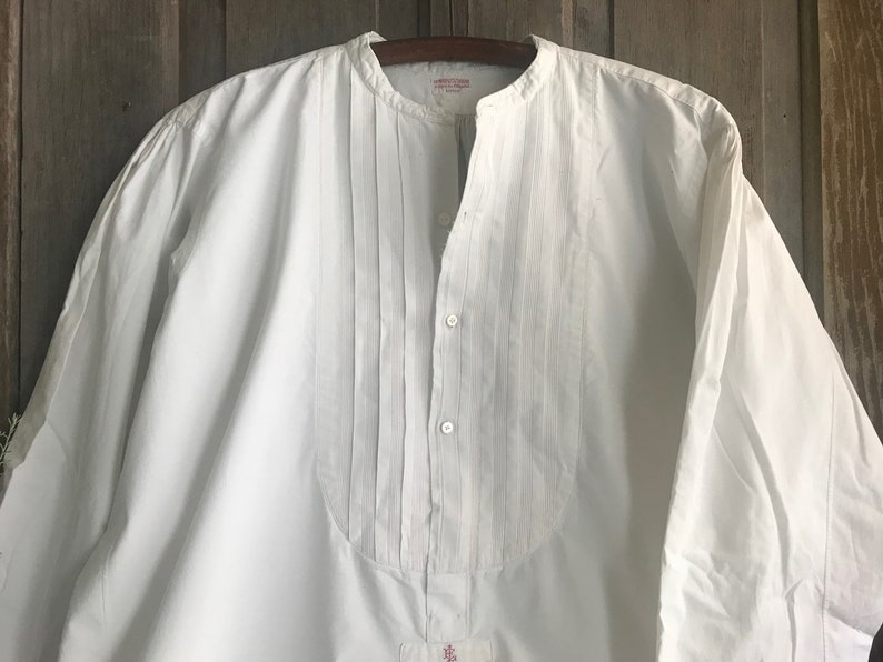 French Mens Gents Dress Shirt, White Cotton, Monogram, Original Lyon Shirtmaker Label, Edwardian, Period Clothing image 1