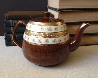 Vtg England 1950s Arthur Wood Tea Pot ~~ Brown & Gold Trim