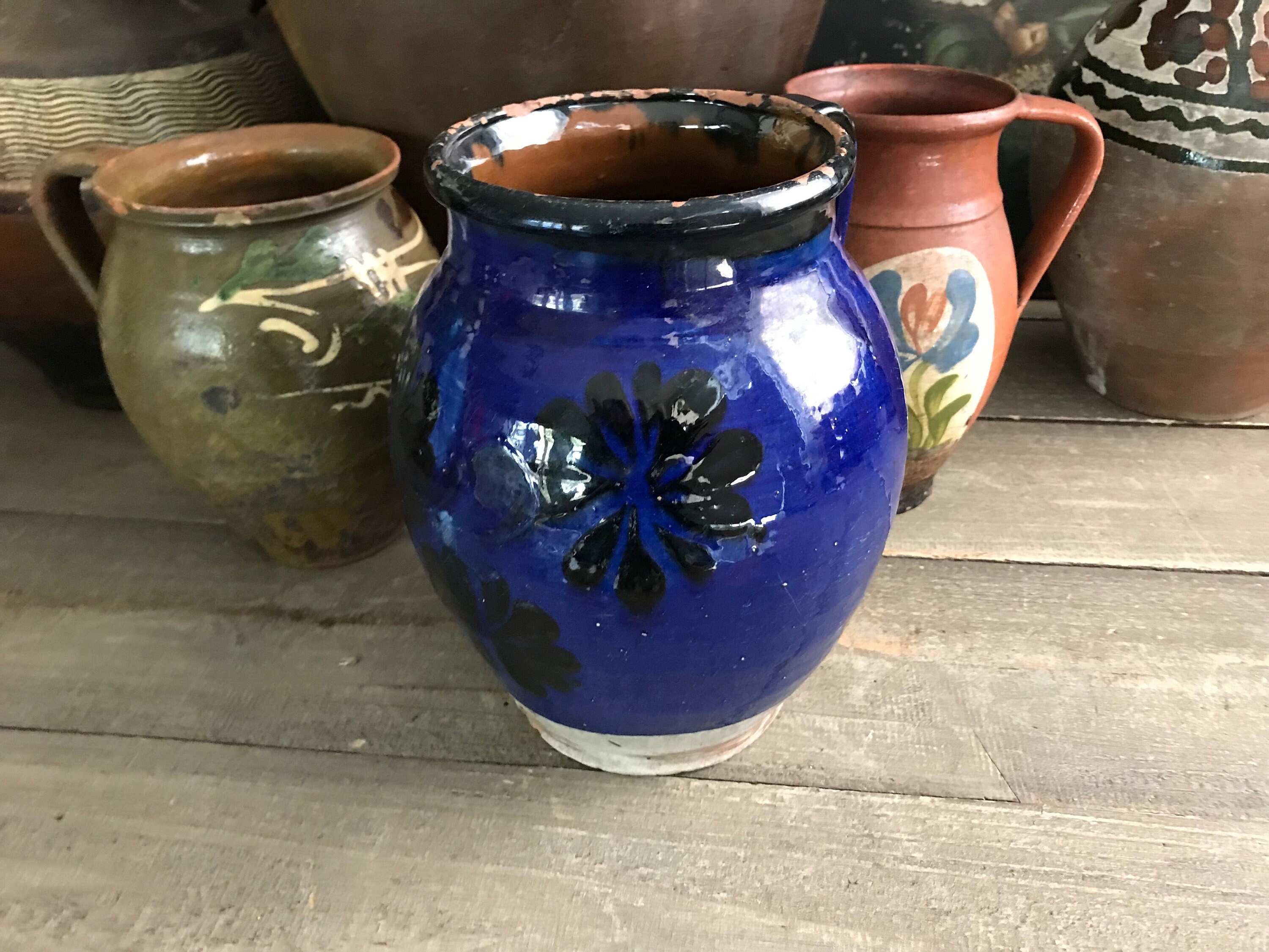 19世紀の花柄陶器の水差し、ピッチャー、深いコバルトブルー
