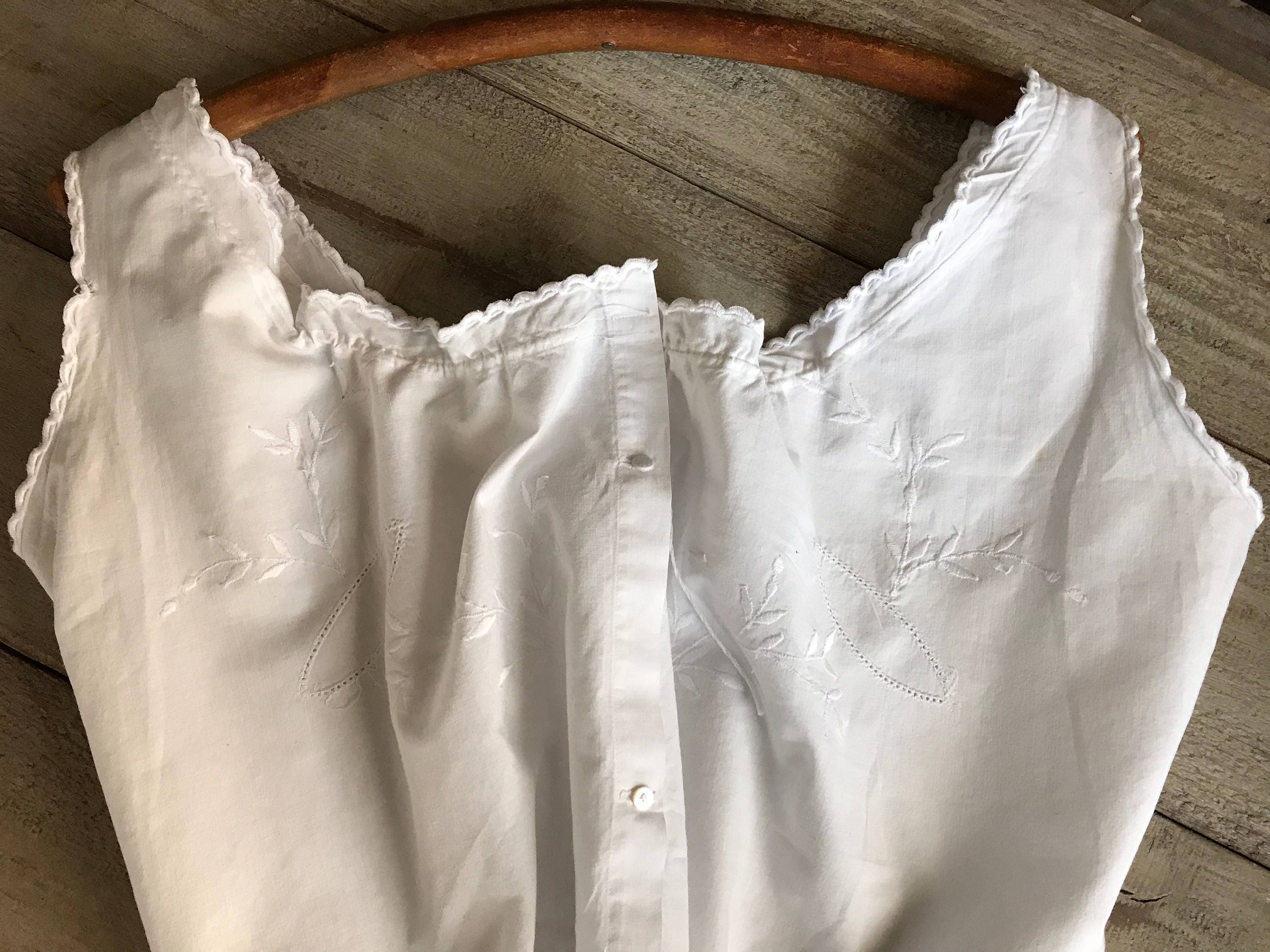 French White Cotton Camisole, Floral Embroidery, Bodice