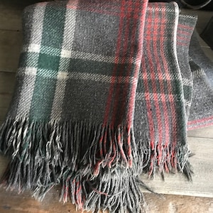 Wool Tartan Blanket, Plaid Stadium Throw, Lap Blanket, Car Rug, Cabin Decor, Gray Red Green Blanket