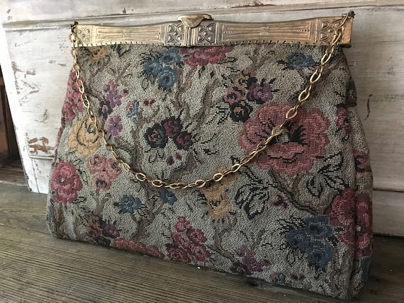 Floral Tapestry Carpet Bag, Art Deco, Antique Han… - image 2