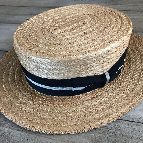 1930s Straw Boater Hat, Striped Black Ribbon Bow, Champ Brand