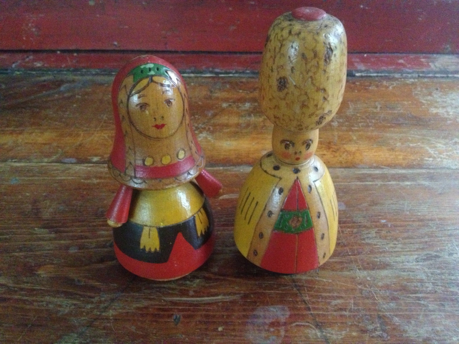 Charming Vintage Wood Dolls Colorful Folk Art Hand Painted Set of 2 ...