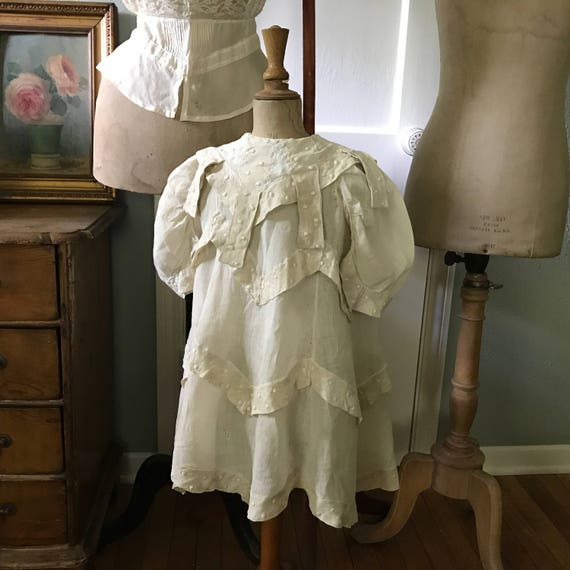 1905 French Ecru Linen Girls Dress, Handsewn, Dott