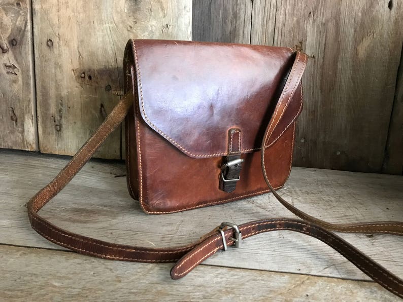 Vintage English Leather Handbag, Artisan Crafted, Chestnut Brown, Crossbody image 2