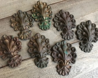 RESERVED TO LOCATE French Repousse Tole Tin Finials, Mounts, Cache Clous, Picture Hangers, Set of 7, French Chateau Decor
