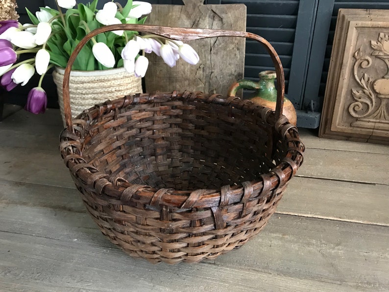 Antique Rustic Basket, Bentwood Handle, Willow Wicker Flower Basket, Farmhouse, Farm Table image 1