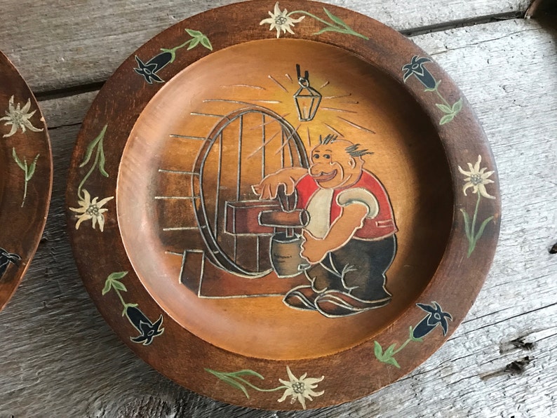 German Folk Art Wood Plates Hand Carved Handpainted Etsy