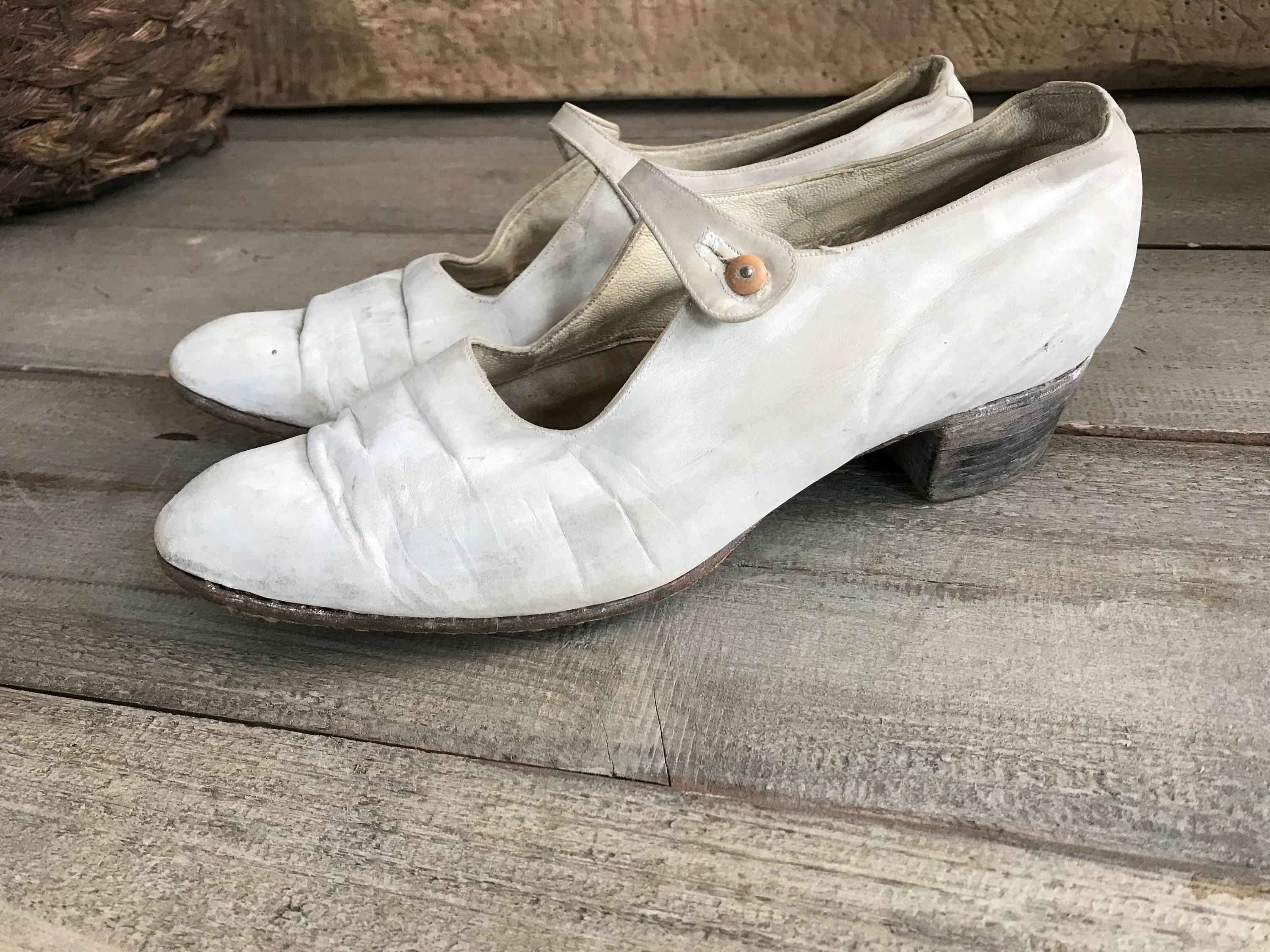 French White Kid Leather Shoes, Mary Jane Shoes, 1920s 30s Flapper