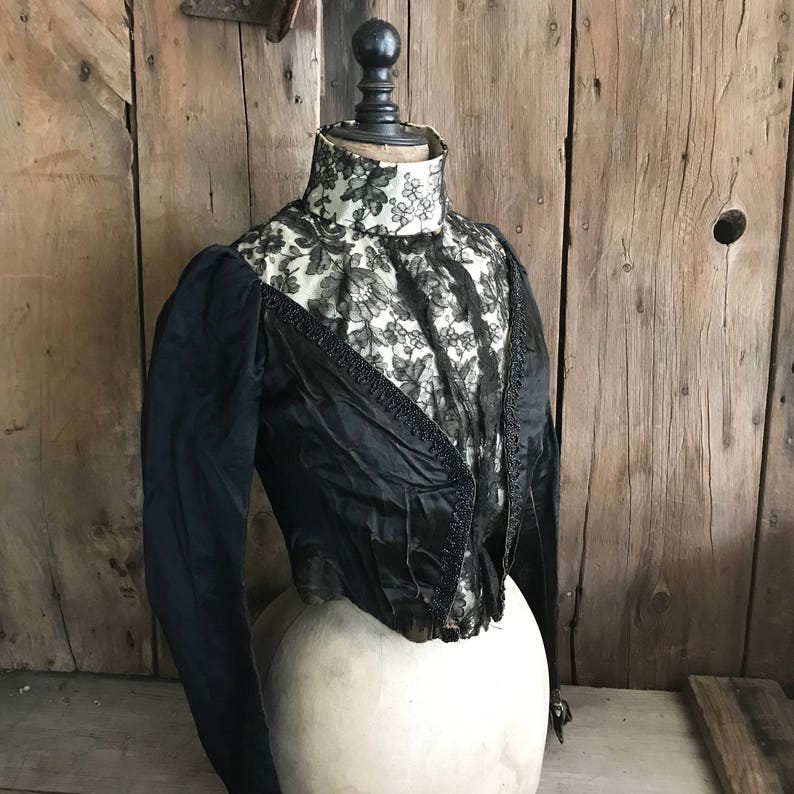 Antique Black Jacket, Victorian Steampunk, 1800s Silk and Lace Bodice image 3