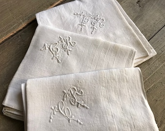 1 French Mens Handkerchief Set, Fine White Linen, Hand Embroidered Monogram C R, 9 Available, Sold by Each