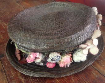 Edwardian Boater Hat, Gray Straw Silk Floral Sun Hat, Downton Abbey Style