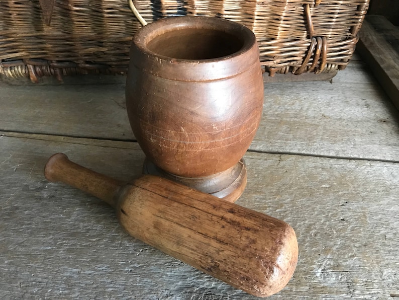 Antique Wood Mortar and Pestle, Handmade Primitive, Rustic French Country Farmhouse image 4