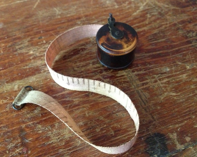 Antique Sewing Tape Measure 19th C Treen Box Wood Brass Etsy