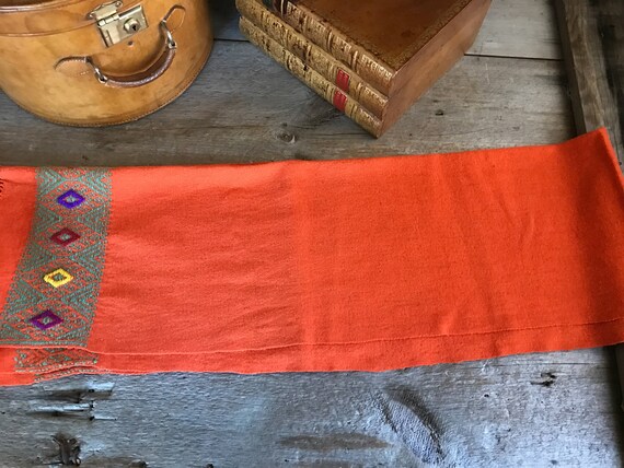 Orange Embroidered Wool Scarf, Shawl, Wrap, Artisan Textile, Table Runner View 3