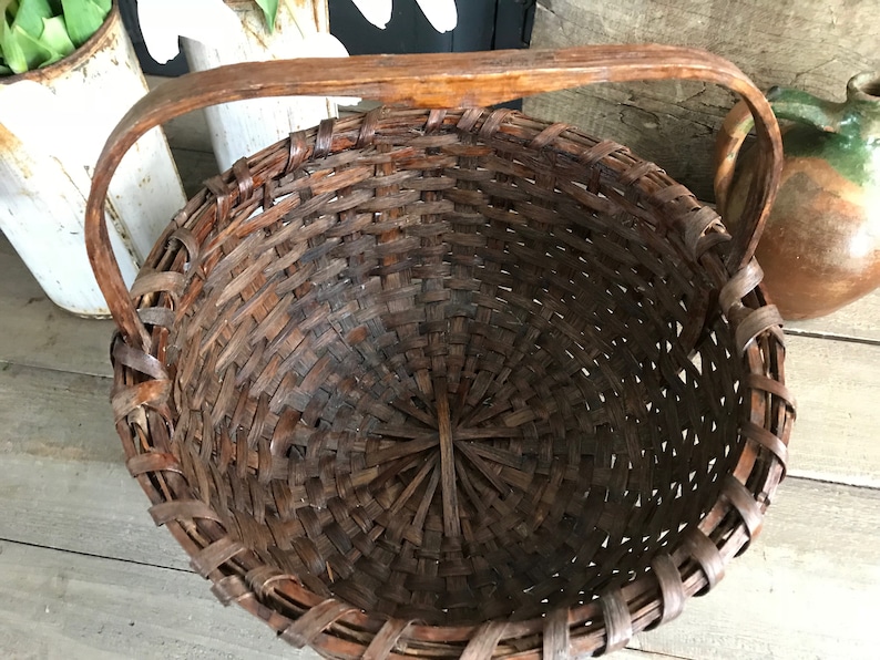 Antique Rustic Basket, Bentwood Handle, Willow Wicker Flower Basket, Farmhouse, Farm Table image 8