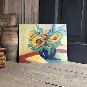 French Oil Painting, Sunflowers in Vase, Still Life, Unframed, Oil on Board, Signed, Colorful Floral Painting image 2