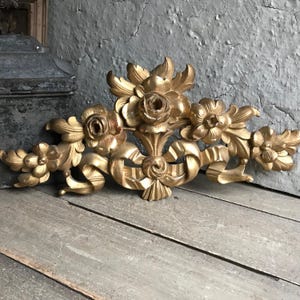 French Gilded Gesso Pediment, Hand Carved Wood Floral Rose Design, Wall Furniture Mount, Chateau Decor